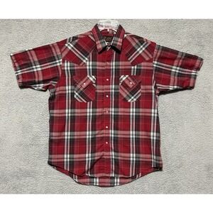 Plains Western Wear VTG Pearl Snap Mens L Shirt Short Sleeve Red Plaid Cowboy